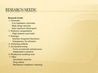 RESEARCH NEEDS:
Research Needs:
1. Electrodes
Low impedance electrodes
High charge injection
Ionic interfaces (Hydrogels)
2. Dielectric encapsulation
High channel count leads
3. Packages
Interface integrated electronics
Transparency for telemetry
4. Anchoring methods
5. Accelerated testing
Focus on materials and processes
Independent evaluation
6. Biophysical modeling tools
7. Other
Absorbable materials
Drug elution
Mechanical compliance matching
 