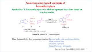Synthesis of 1,5-benzodiazepine via Multicomponent Reactions based on
non-isocyanide
mm
Main features of this three component reaction: Proceed under mild reaction conditions
Short reaction time
excellent yield and
Green Chemistry approaches
Wu et al., New J. Chem., 2020,44, 10428-10440 11
Non-isocyanide based synthesis of
benzodiazepines
Scheme 4: Synthesis of 1,5-benzodiazepine
 