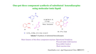 14
Scheme 7: Synthesis of substituted benzodiazepine
Main features of this three component reaction: Operational Simplicity
Proceed under mild reaction
Recyclable Catalyst
Short reaction time
One-pot three component synthesis of substituted benzodiazepine
using molecular ionic liquid
Nejadshafiee et.al., Appl Organometal Chem. 2019,5072
 