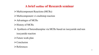 A brief outline of Research seminar
Multicomponent Reactions (MCRs)
Multicomponent v/s multistep reaction
Advantages of MCRs
History of MCRs
 Synthesis of benzodiazepine via MCRs based on isocyanide and non
isocyanide reaction
Future work plan
Conclusion
References
2
 