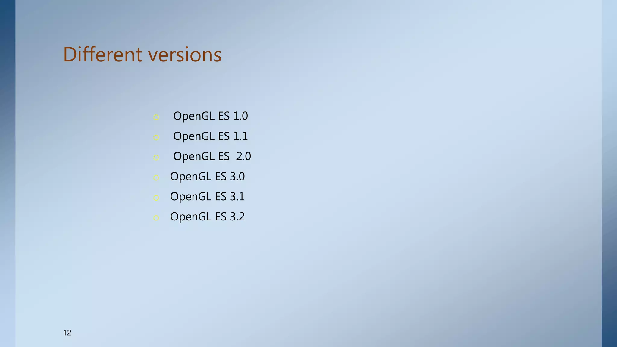 Different versions
o OpenGL ES 1.0
o OpenGL ES 1.1
o OpenGL ES 2.0
o OpenGL ES 3.0
o OpenGL ES 3.1
o OpenGL ES 3.2
12
 