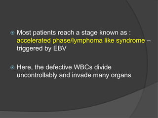  Most patients reach a stage known as :
accelerated phase/lymphoma like syndrome –
triggered by EBV
 Here, the defective WBCs divide
uncontrollably and invade many organs
 