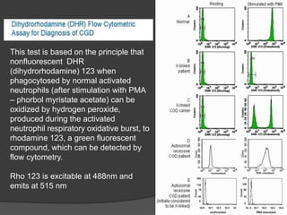 This test is based on the principle that
nonfluorescent DHR
(dihydrorhodamine) 123 when
phagocytosed by normal activated
neutrophils (after stimulation with PMA
– phorbol myristate acetate) can be
oxidized by hydrogen peroxide,
produced during the activated
neutrophil respiratory oxidative burst, to
rhodamine 123, a green fluorescent
compound, which can be detected by
flow cytometry.
Rho 123 is excitable at 488nm and
emits at 515 nm
 