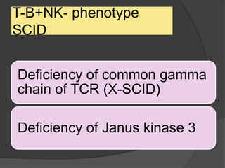 T-B+NK- phenotype
SCID
Deficiency of common gamma
chain of TCR (X-SCID)
Deficiency of Janus kinase 3
 