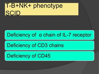 T-B+NK+ phenotype
SCID
Deficiency of α chain of IL-7 receptor
Deficiency of CD3 chains
Deficiency of CD45
 