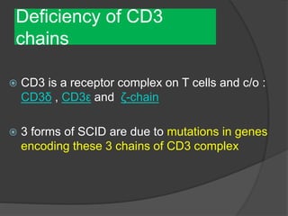 Deficiency of CD3
chains
 CD3 is a receptor complex on T cells and c/o :
CD3δ , CD3ε and ζ-chain
 3 forms of SCID are due to mutations in genes
encoding these 3 chains of CD3 complex
 