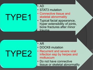 • AD
• STAT3 mutation
• Connective tissue and
skeletal abnormality
• Typical facial appearance,
hyper extensibility of joints,
bone fractures after minor
trauma
TYPE1
• AR
• DOCK8 mutation
• Recurrent and severe viral
infection esp by herpes and
molluscum
• Do not have connective
tissue or skeletal abnormality
TYPE2
 
