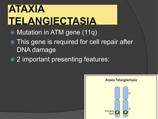 ATAXIA
TELANGIECTASIA
 Mutation in ATM gene (11q)
 This gene is required for cell repair after
DNA damage
 2 important presenting features:
 