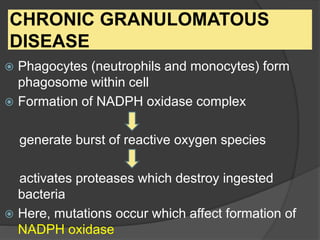 CHRONIC GRANULOMATOUS
DISEASE
 Phagocytes (neutrophils and monocytes) form
phagosome within cell
 Formation of NADPH oxidase complex
generate burst of reactive oxygen species
activates proteases which destroy ingested
bacteria
 Here, mutations occur which affect formation of
NADPH oxidase
 