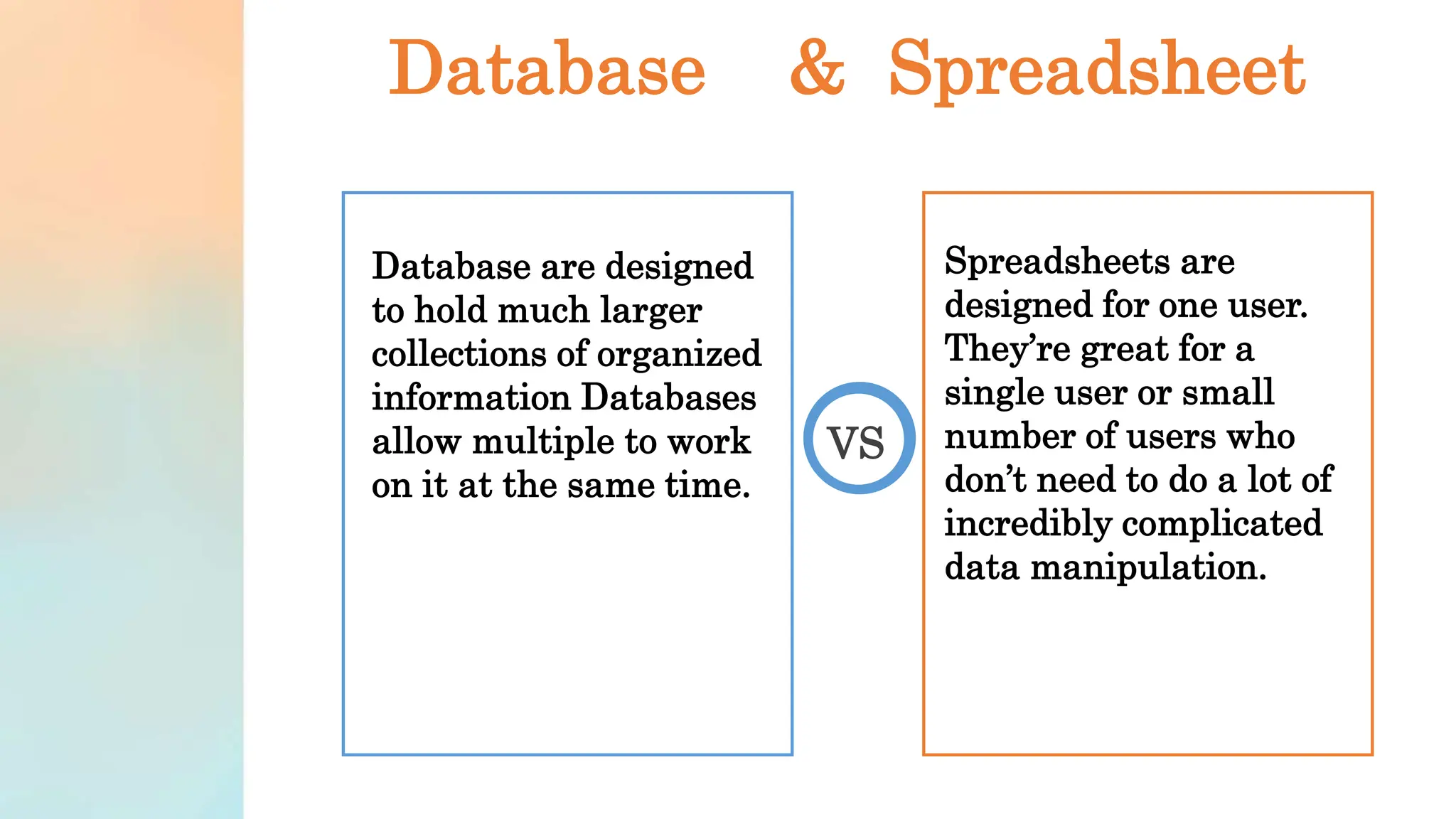 Database & Spreadsheet
VS
Spreadsheets are
designed for one user.
They’re great for a
single user or small
number of users who
don’t need to do a lot of
incredibly complicated
data manipulation.
Database are designed
to hold much larger
collections of organized
information Databases
allow multiple to work
on it at the same time.
 