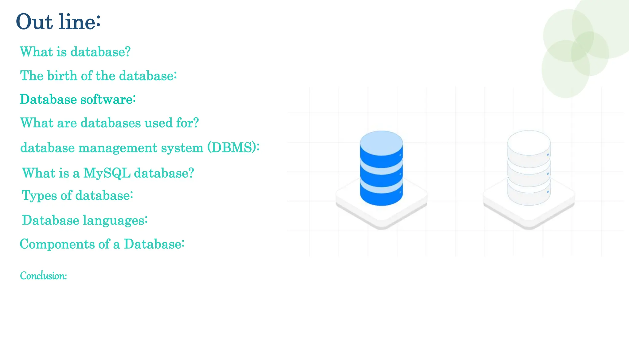 Out line:
What is database?
The birth of the database:
Database software:
What are databases used for?
database management system (DBMS):
What is a MySQL database?
Database languages:
Components of a Database:
Conclusion:
Types of database:
 