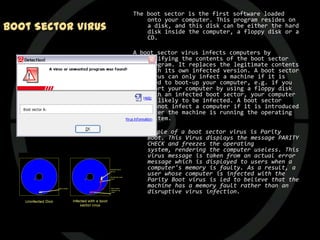 The boot sector is the first software loaded
                        onto your computer. This program resides on
Boot Sector Virus       a disk, and this disk can be either the hard
                        disk inside the computer, a floppy disk or a
                        CD.

                    A boot sector virus infects computers by
                        modifying the contents of the boot sector
                        program. It replaces the legitimate contents
                        with its own infected version. A boot sector
                        virus can only infect a machine if it is
                        used to boot-up your computer, e.g. if you
                        start your computer by using a floppy disk
                        with an infected boot sector, your computer
                        is likely to be infected. A boot sector
                        cannot infect a computer if it is introduced
                        after the machine is running the operating
                        system.

                    An example of a boot sector virus is Parity
                        Boot. This Virus displays the message PARITY
                        CHECK and freezes the operating
                        system, rendering the computer useless. This
                        virus message is taken from an actual error
                        message which is displayed to users when a
                        computer's memory is faulty. As a result, a
                        user whose computer is infected with the
                        Parity Boot virus is led to believe that the
                        machine has a memory fault rather than an
                        disruptive virus infection.
 