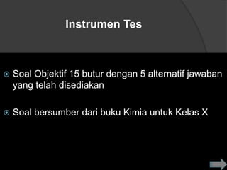 Instrumen Tes



   Soal Objektif 15 butur dengan 5 alternatif jawaban
    yang telah disediakan

   Soal bersumber dari buku Kimia untuk Kelas X
 