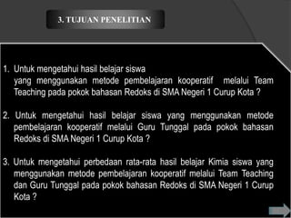 3. TUJUAN PENELITIAN




1. Untuk mengetahui hasil belajar siswa
   yang menggunakan metode pembelajaran kooperatif melalui Team
   Teaching pada pokok bahasan Redoks di SMA Negeri 1 Curup Kota ?

2. Untuk mengetahui hasil belajar siswa yang menggunakan metode
   pembelajaran kooperatif melalui Guru Tunggal pada pokok bahasan
   Redoks di SMA Negeri 1 Curup Kota ?

3. Untuk mengetahui perbedaan rata-rata hasil belajar Kimia siswa yang
   menggunakan metode pembelajaran kooperatif melalui Team Teaching
   dan Guru Tunggal pada pokok bahasan Redoks di SMA Negeri 1 Curup
   Kota ?
 