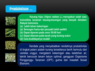 Pendahuluan ...

               Kacang hijau (Vigna radiata L.) merupakan salah satu
      komoditas tanaman kacang-kacangan yang banyak dimakan
      Rakyat Indonesia.
      (a) Lebih tahan kekeringan
      (a) Serangan hama dan penyakit lebih sedikit
      (b) Dapat dipanen pada umur 55-60 hari
      (c) Dapat ditanam pada tanah yang kurang subur
      (d) Cara budidayanya mudah

                Kendala yang menyebabkan rendahnya produktivitas
      di tingkat petani adalah kurang tersedianya benih bermutu dari
      varietas unggul, mengalami kekeringan atau kelebihan air,
      teknik bercocok tanam belum optimal, gangguan Organisme
      Pengganggu Tanaman (OPT), gulma dan masalah Sosial
      Ekonomi.
 