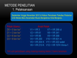 METODE PENELITIAN
    1. Pelaksanaan
      September hingga November 2012 di Kebun Percobaan Fakultas Pertanian
      Unib Medan Baru Kecamatan Muara Bangkahulu Kota Bengkulu.



 Petak Utama :                   Anak Petak :
 D0 = 0 ton ha-1          V1 = VR 3      V7 = VR 266 ct
 D1 = 3 ton ha-1          V2 = VR 61     V8 = VR 341
 D2 = 6 ton ha-1          V3 = VR 88     V9 = VR 368
 D3 = 9 ton ha-1          V4 = VR 200   V10 = VR 601 m
                          V5 = VR 204 K V11 = VR 222 walet
                          V6 = VR 213 K V12 = VR 1074 Vinna-1

 144 unit percobaan yang masing-masing berisi 3 baris tanaman.
 