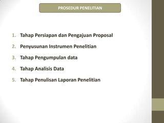 1. Tahap Persiapan dan Pengajuan Proposal
2. Penyusunan Instrumen Penelitian
3. Tahap Pengumpulan data
4. Tahap Analisis Data
5. Tahap Penulisan Laporan Penelitian
PROSEDUR PENELITIAN
 