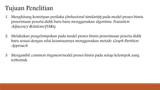 Tujuan Penelitian
1. Menghitung kemiripan perilaku (behavioral similarity) pada model proses bisnis
penerimaan peserta didik baru baru menggunakan algoritma Transition
Adjacency Relations (TARs).
2. Melakukan pengelompokan pada model proses bisnis penerimaan peserta didik
baru sesuai dengan nilai kesamaannya menggunakan metode Graph Partition
Approach.
3. Mengambil common fragment model proses bisnis pada setiap kelompok yang
terbentuk.
 