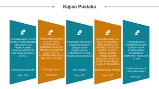 Kajian Pustaka
PENGEMBANGAN MEDIA
PEMBELAJARAN BERBASIS
SIMULASI UNTUK
PEMBELAJARAN
PERAKITAN KOMPUTER
DAN INSTALASI SISTEM
OPERASI
I Komang Ari Mahendra
Tahun 2014
PENGEMBANGAN
AUGMENTED REALITY
SEBAGAI MEDIA
PEMBELAJARAN
PENGENALAN
KOMPONEN PNEUMATIK
DI SMK
Ilmawan Mustaqim &
Nanang Kurniawan
Tahun 2017
PENGEMBANGAN DAN
ANALISIS MEDIA
PEMBELAJARAN
PERAKITAN KOMPUTER
BERBASIS AUGMENTED
REALITY UNTUK
PLATFORM ANDROID DI
SMK YPKK 1 SLEMAN
Eka Legya Frannita
Tahun 2015
PENERAPAN TEKNOLOGI
AUGMENTED REALITY
SEBAGAI MEDIA
PEMBELAJARAN
PERAKITAN PC DI SMK
NEGERI 2 KOTA BANDUNG
Fitri Antriyanti
Tahun 2017
PENGEMBANGAN DAN
ANALISIS KELAYAKAN
GAME PENGENALAN
PERIPERAL KOMPUTER
BERBASIS DESKTOP
SEBAGAI SARANA
PEMBELAJARAN
PERAKITAN KOMPUTER
DASAR SISWA KELAS X
SMK N 2 YOGYAKARTA
Bhrahma Rendra Permana
Tahun 2017
 