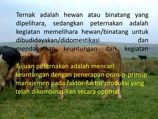 Ternak adalah hewan atau binatang yang
dipelihara, sedangkan peternakan adalah
kegiatan memelihara hewan/binatang untuk
dibudidayakan/didomestikasi dan
mendapatkan keuntungan dari kegiatan
tersebut
Tujuan peternakan adalah mencari
keuntungan dengan penerapan prinsip-prinsip
manajemen pada faktor-faktor produksi yang
telah dikombinasikan secara optimal.
 
