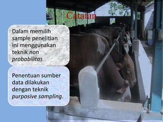 Catatan
Dalam memilih
sample penelitian
ini menggunakan
teknik non
probabilitas
Penentuan sumber
data dilakukan
dengan teknik
purposive sampling.
 