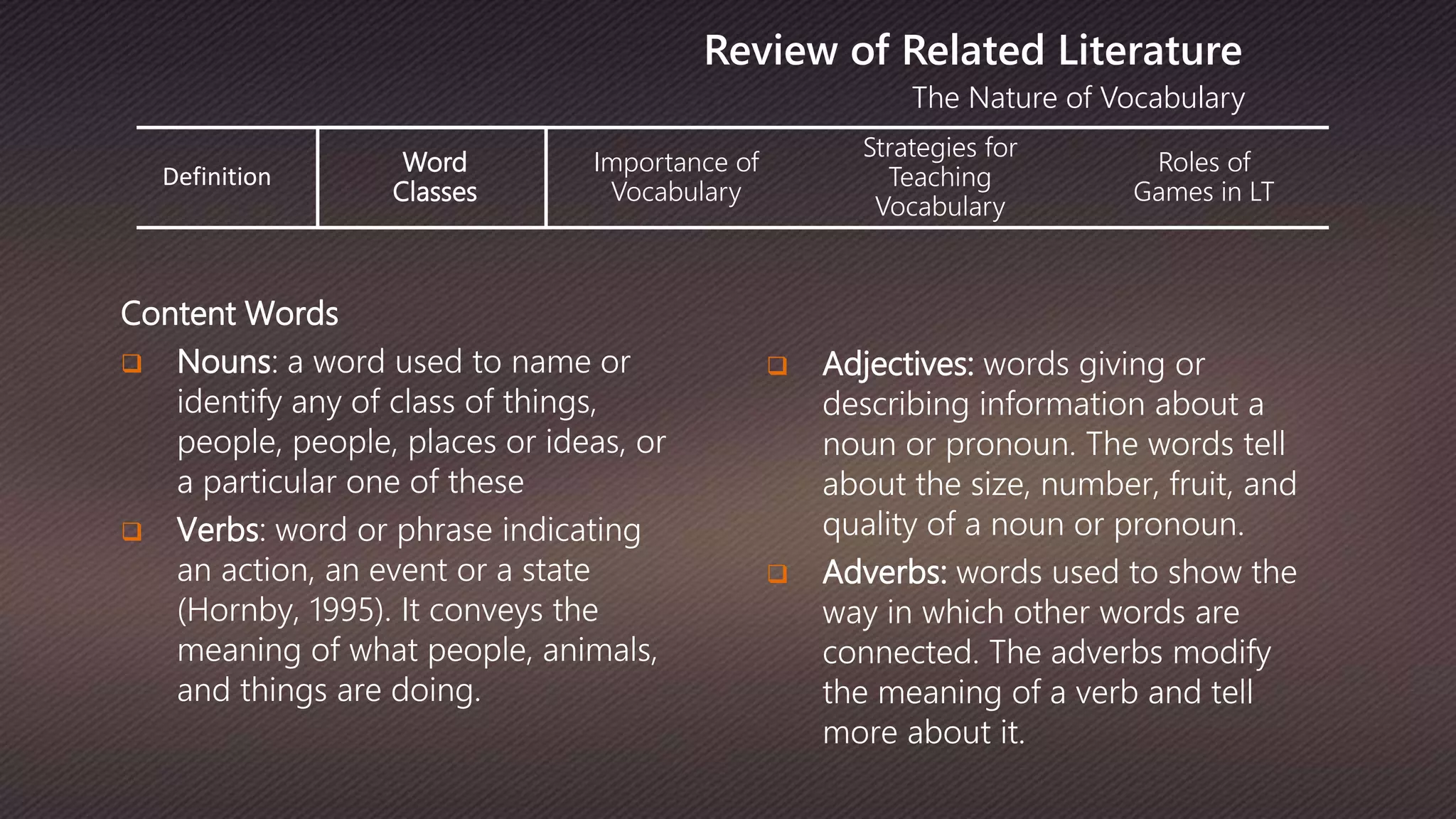 The Nature of Vocabulary
Review of Related Literature
Content Words
 Nouns: a word used to name or
identify any of class of things,
people, people, places or ideas, or
a particular one of these
 Verbs: word or phrase indicating
an action, an event or a state
(Hornby, 1995). It conveys the
meaning of what people, animals,
and things are doing.
 Adjectives: words giving or
describing information about a
noun or pronoun. The words tell
about the size, number, fruit, and
quality of a noun or pronoun.
 Adverbs: words used to show the
way in which other words are
connected. The adverbs modify
the meaning of a verb and tell
more about it.
Definition
Word
Classes
Importance of
Vocabulary
Strategies for
Teaching
Vocabulary
Roles of
Games in LT
 