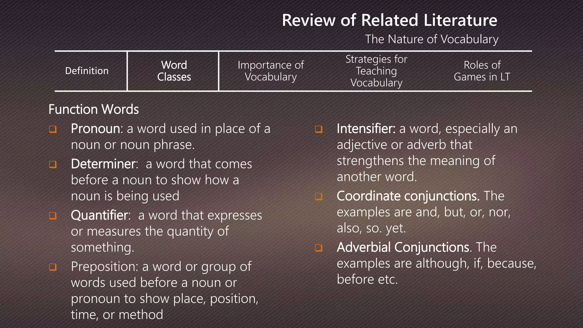 The Nature of Vocabulary
Review of Related Literature
Function Words
 Pronoun: a word used in place of a
noun or noun phrase.
 Determiner: a word that comes
before a noun to show how a
noun is being used
 Quantifier: a word that expresses
or measures the quantity of
something.
 Preposition: a word or group of
words used before a noun or
pronoun to show place, position,
time, or method
Definition
Word
Classes
Importance of
Vocabulary
Strategies for
Teaching
Vocabulary
Roles of
Games in LT
 Intensifier: a word, especially an
adjective or adverb that
strengthens the meaning of
another word.
 Coordinate conjunctions. The
examples are and, but, or, nor,
also, so. yet.
 Adverbial Conjunctions. The
examples are although, if, because,
before etc.
 