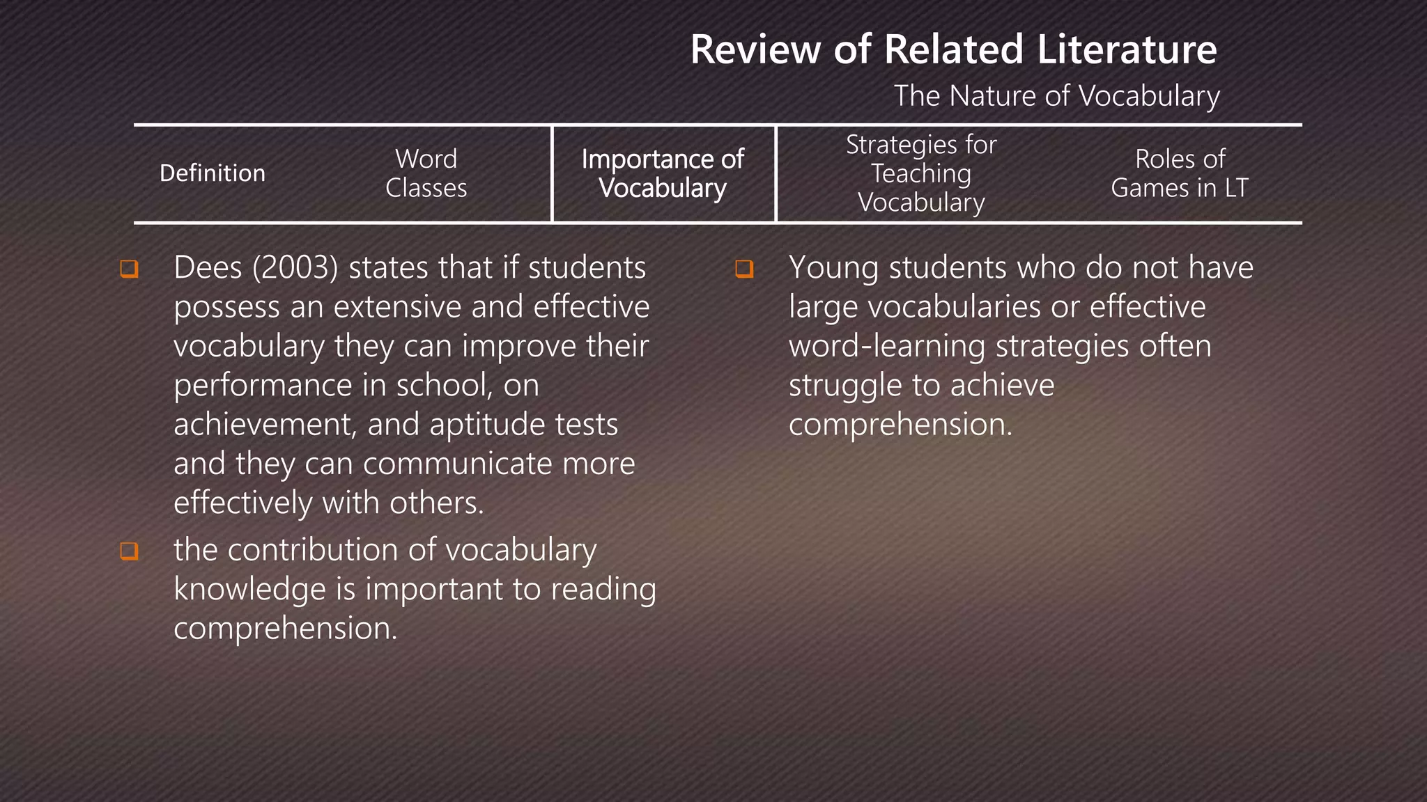 The Nature of Vocabulary
Review of Related Literature
 Dees (2003) states that if students
possess an extensive and effective
vocabulary they can improve their
performance in school, on
achievement, and aptitude tests
and they can communicate more
effectively with others.
 the contribution of vocabulary
knowledge is important to reading
comprehension.
Definition
Word
Classes
Importance of
Vocabulary
Strategies for
Teaching
Vocabulary
Roles of
Games in LT
 Young students who do not have
large vocabularies or effective
word-learning strategies often
struggle to achieve
comprehension.
 