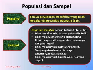 Populasi dan Sampel 
Populasi 
Semua perusahaan manufaktur yang telah 
terdaftar di Bursa Efek Indonesia (BEI). 
Sampel 
Purposive Sampling dengan kriteria-kriteria sbb: 
• Telah terdaftar min. 1 tahun pada akhir 2008. 
• Tidak melakukan delisting atau relisting. 
• Tidak mengalami kerugian atau mempunyai 
EAT yang negatif. 
• Tidak mempunyai ekuitas yang negatif. 
• Menyampaikan laporan keuangan 
tahunannya secara lengkap. 
• Tidak mempunyai Siklus Konversi Kas yang 
negatif. 
Seminar Proposal Tesis Trisnadi Wijaya 15 
 