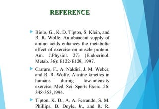 REFERENCEREFERENCE
 Biolo, G., K. D. Tipton, S. Klein, and
R. R. Wolfe. An abundant supply of
amino acids enhances the metabolic
effect of exercise on muscle protein.
Am. J.Physiol. 273 (Endocrinol.
Metab. 36): E122-E129, 1997.
 Carraro, F., A. Naldini, J. M. Weber,
and R. R. Wolfe. Alanine kinetics in
humans during low-intensity
exercise. Med. Sci. Sports Exerc. 26:
348-353,1994.
 Tipton, K. D., A. A. Ferrando, S. M.
Phillips, D. Doyle, Jr., and R. R.
 