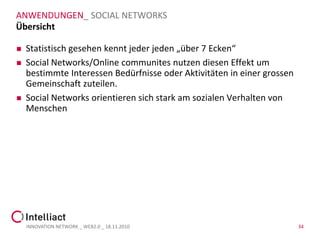ANWENDUNGEN_ SOCIAL NETWORKS
Übersicht

   Statistisch gesehen kennt jeder jeden „über 7 Ecken“
   Social Networks/Online communites nutzen diesen Effekt um
    bestimmte Interessen Bedürfnisse oder Aktivitäten in einer grossen
    Gemeinschaft zuteilen.
   Social Networks orientieren sich stark am sozialen Verhalten von
    Menschen




    INNOVATION NETWORK _ WEB2.0 _ 18.11.2010                             34
 
