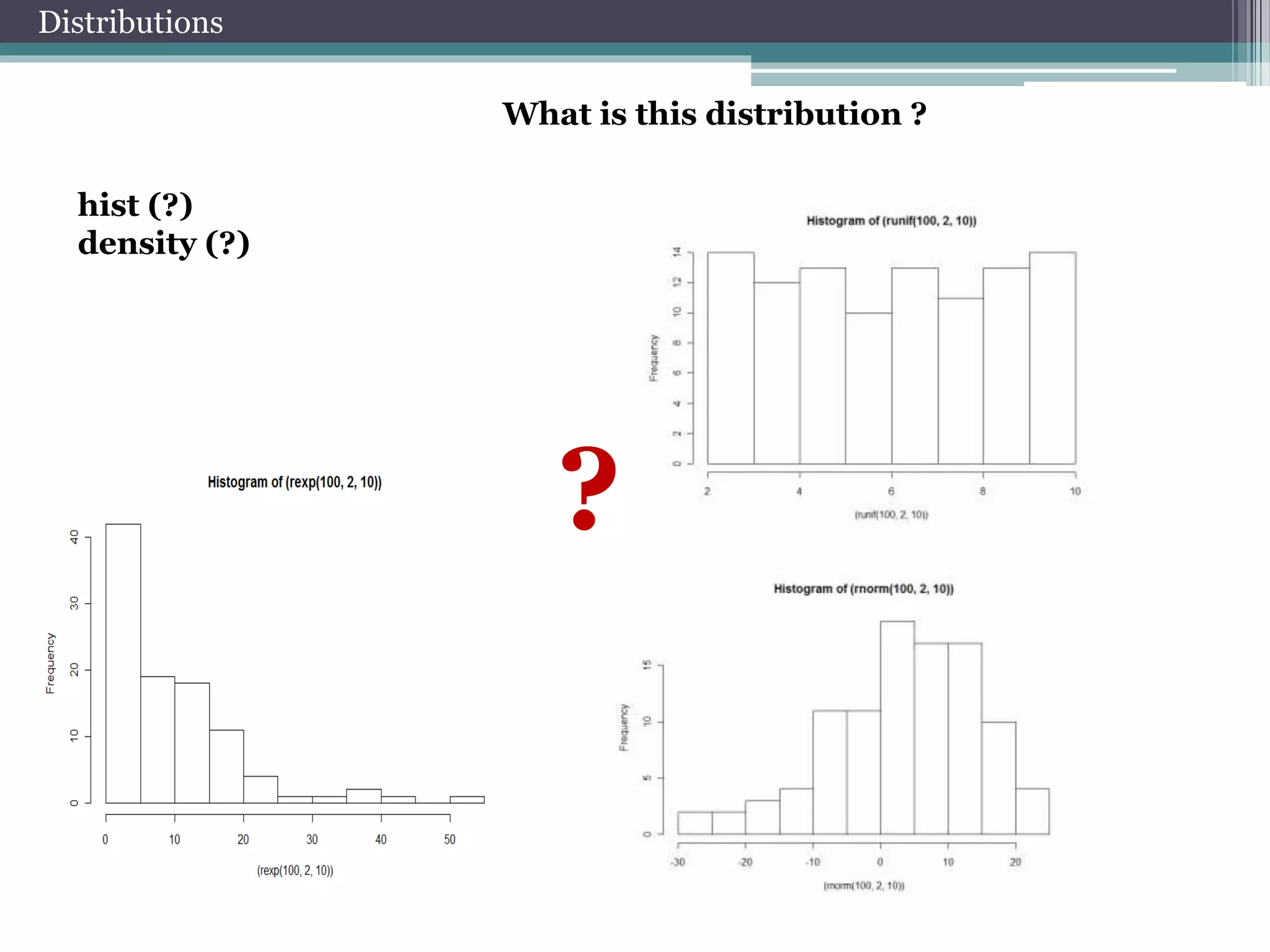 Distributions 
What is this distribution ? 
hist (?) 
density (?) 
? 
 