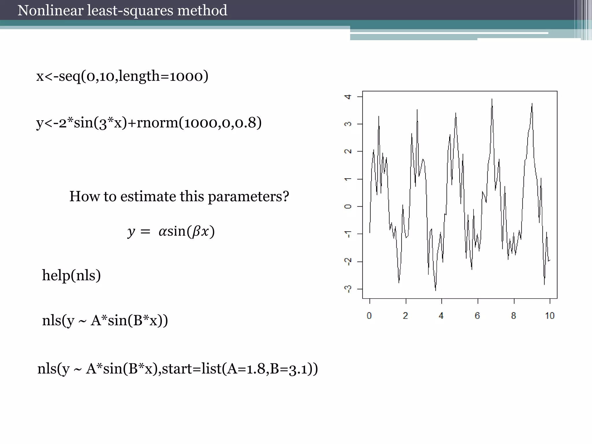 Nonlinear least-squares method 
x<-seq(0,10,length=1000) 
y<-2*sin(3*x)+rnorm(1000,0,0.8) 
How to estimate this parameters? 
푦 = 훼sin(훽푥) 
help(nls) 
nls(y ~ A*sin(B*x)) 
nls(y ~ A*sin(B*x),start=list(A=1.8,B=3.1)) 
 