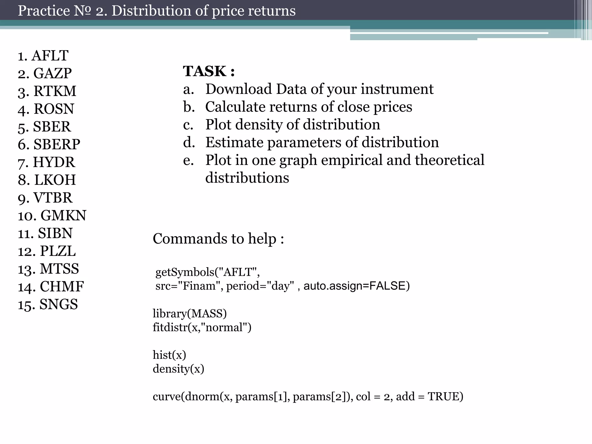 Practice № 2. Distribution of price returns 
1. AFLT 
2. GAZP 
3. RTKM 
4. ROSN 
5. SBER 
6. SBERP 
7. HYDR 
8. LKOH 
9. VTBR 
10. GMKN 
11. SIBN 
12. PLZL 
13. MTSS 
14. CHMF 
15. SNGS 
TASK : 
a. Download Data of your instrument 
b. Calculate returns of close prices 
c. Plot density of distribution 
d. Estimate parameters of distribution 
e. Plot in one graph empirical and theoretical 
distributions 
Commands to help : 
getSymbols("AFLT", 
src="Finam", period="day" , auto.assign=FALSE) 
library(MASS) 
fitdistr(x,"normal") 
hist(x) 
density(x) 
curve(dnorm(x, params[1], params[2]), col = 2, add = TRUE) 
 