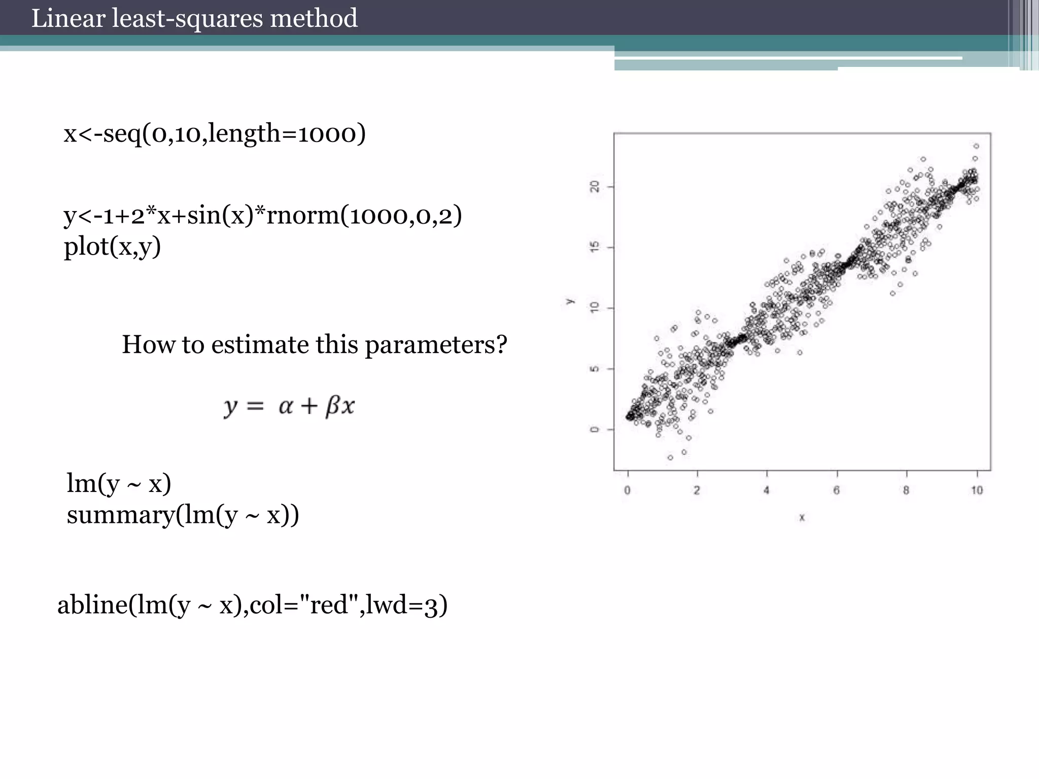 Linear least-squares method

x<-seq(0,10,length=1000)
y<-1+2*x+sin(x)*rnorm(1000,0,2)
plot(x,y)

How to estimate this parameters?

lm(y ~ x)
summary(lm(y ~ x))
abline(lm(y ~ x),col="red",lwd=3)

 