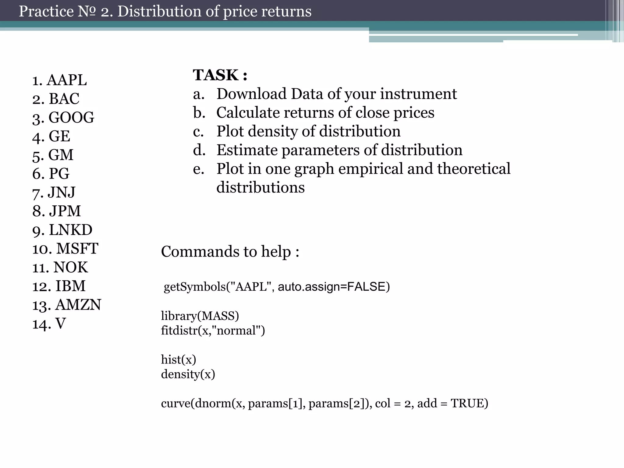 Practice № 2. Distribution of price returns

1. AAPL
2. BAC
3. GOOG
4. GE
5. GM
6. PG
7. JNJ
8. JPM
9. LNKD
10. MSFT
11. NOK
12. IBM
13. AMZN
14. V

TASK :
a. Download Data of your instrument
b. Calculate returns of close prices
c. Plot density of distribution
d. Estimate parameters of distribution
e. Plot in one graph empirical and theoretical
distributions

Commands to help :
getSymbols("AAPL", auto.assign=FALSE)
library(MASS)
fitdistr(x,"normal")
hist(x)
density(x)
curve(dnorm(x, params[1], params[2]), col = 2, add = TRUE)

 