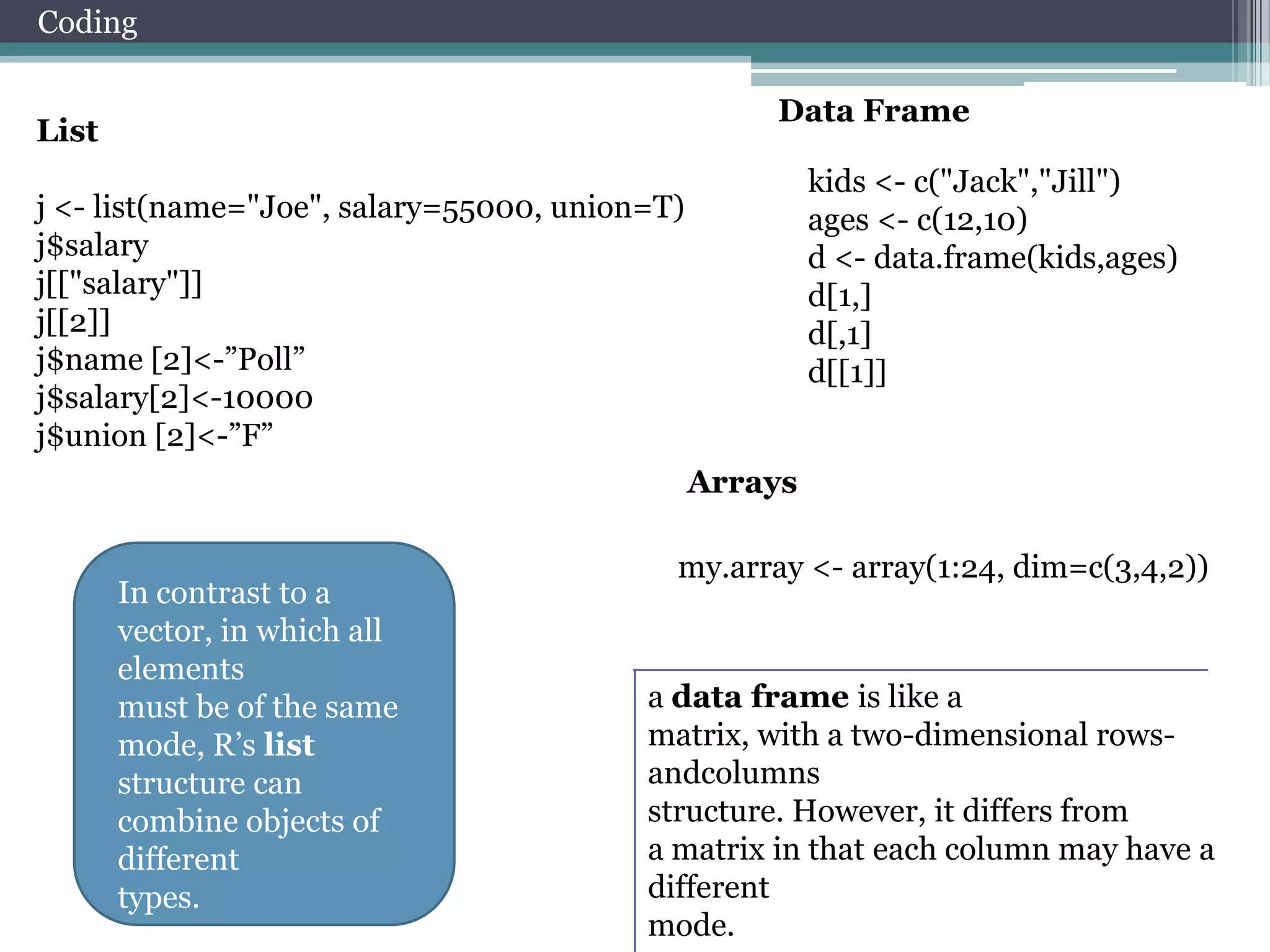 Coding
Data Frame

List

kids <- c("Jack","Jill")
ages <- c(12,10)
d <- data.frame(kids,ages)
d[1,]
d[,1]
d[[1]]

j <- list(name="Joe", salary=55000, union=T)
j$salary
j[["salary"]]
j[[2]]
j$name [2]<-”Poll”
j$salary[2]<-10000
j$union [2]<-”F”
Arrays
In contrast to a
vector, in which all
elements
must be of the same
mode, R’s list
structure can
combine objects of
different
types.

my.array <- array(1:24, dim=c(3,4,2))

a data frame is like a
matrix, with a two-dimensional rowsandcolumns
structure. However, it differs from
a matrix in that each column may have a
different
mode.

 