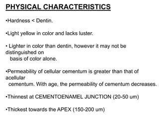 PHYSICAL CHARACTERISTICS
•Hardness < Dentin.
•Light yellow in color and lacks luster.
• Lighter in color than dentin, however it may not be
distinguished on
basis of color alone.
•Permeability of cellular cementum is greater than that of
acellular
cementum. With age, the permeability of cementum decreases.
•Thinnest at CEMENTOENAMEL JUNCTION (20-50 um)
•Thickest towards the APEX (150-200 um)
 