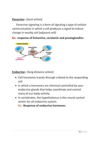 16 | P a g e
Paracrine:- [local action]
Paracrine signaling is a form of signaling a type of cellular
communication in which a cell produces a signal to induce
change In nearby cell (adjacent cell)
Ex:- response of histamine, serotonin and prostaglandins
Endocrine:- [long distance action]
• Cell hormones travels through a blood to the responding
cell
• In which a hormones are chemical controlled by your
endocrine glands that helps coordinate and control
many of our body activity.
• In vertebrates, the hypothalamus is the neural control
center for all endocrine system.
Ex:- Response of endocrine hormones
 