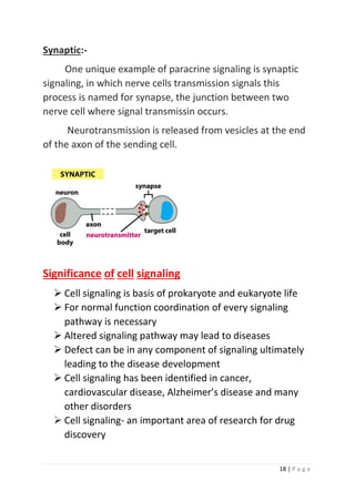 18 | P a g e
Synaptic:-
One unique example of paracrine signaling is synaptic
signaling, in which nerve cells transmission signals this
process is named for synapse, the junction between two
nerve cell where signal transmissin occurs.
Neurotransmission is released from vesicles at the end
of the axon of the sending cell.
Significance of cell signaling
➢ Cell signaling is basis of prokaryote and eukaryote life
➢ For normal function coordination of every signaling
pathway is necessary
➢ Altered signaling pathway may lead to diseases
➢ Defect can be in any component of signaling ultimately
leading to the disease development
➢ Cell signaling has been identified in cancer,
cardiovascular disease, Alzheimer’s disease and many
other disorders
➢ Cell signaling- an important area of research for drug
discovery
 