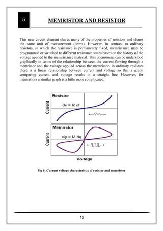 This new circuit element shares many of the properties of resistors and shares
the same unit of measurement (ohms). However, in contrast to ordinary
resistors, in which the resistance is permanently fixed, memristance may be
programmed or switched to different resistance states based on the history of the
voltage applied to the memristance material. This phenomena can be understood
graphically in terms of the relationship between the current flowing through a
memristor and the voltage applied across the memristor. In ordinary resistors
there is a linear relationship between current and voltage so that a graph
comparing current and voltage results in a straight line. However, for
memristors a similar graph is a little more complicated.
Fig 6: Current voltage characteristic of resistor and memristor
5 MEMRISTOR AND RESISTOR
12
 