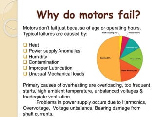 Why do motors fail?
Motors don’t fail just because of age or operating hours.
Typical failures are caused by:
 Heat
 Power supply Anomalies
 Humidity
 Contamination
 Improper Lubrication
 Unusual Mechanical loads
Primary causes of overheating are overloading, too frequent
starts, high ambient temperature, unbalanced voltages &
Inadequate ventilation.
Problems in power supply occurs due to Harmonics,
Overvoltage, Voltage unbalance, Bearing damage from
shaft currents.
 