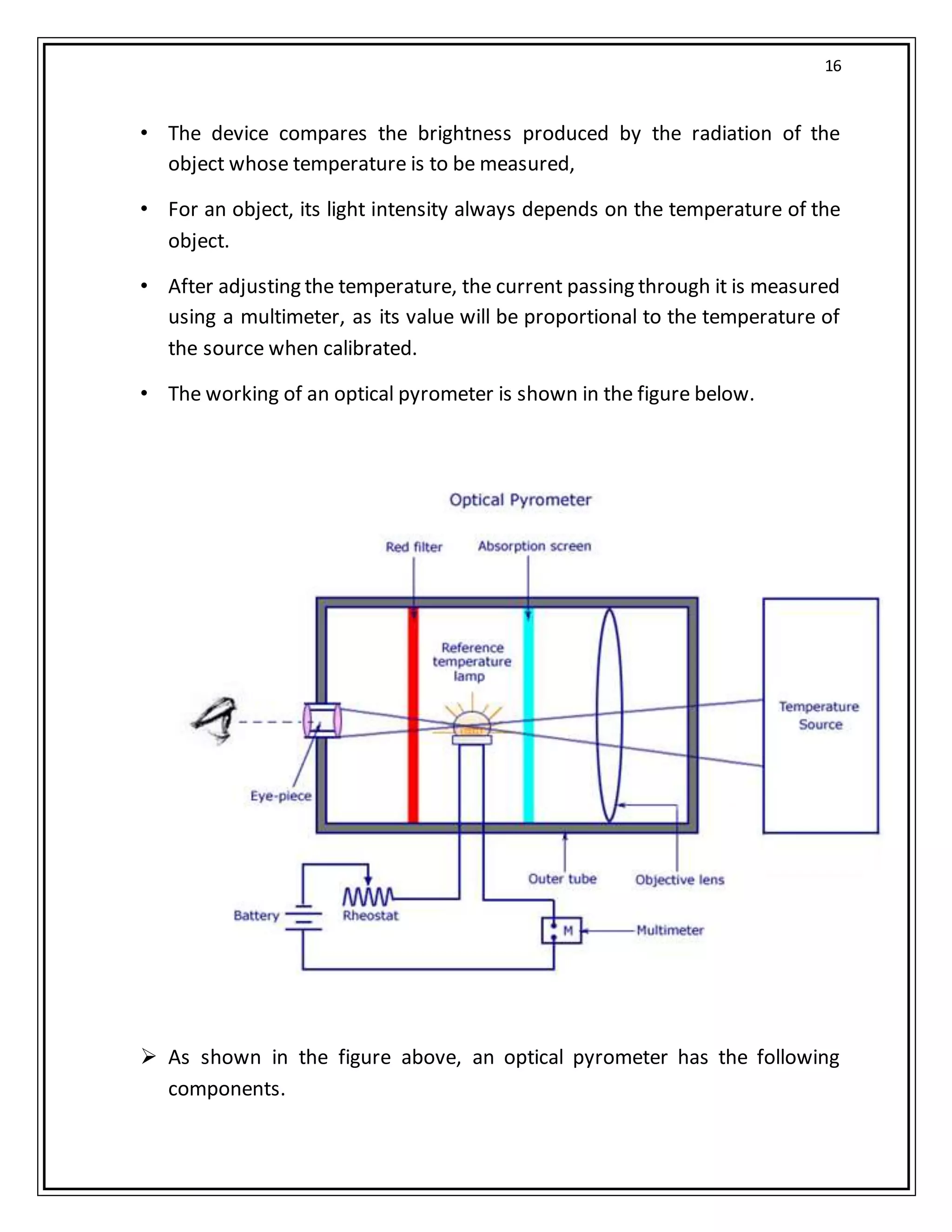 16
• The device compares the brightness produced by the radiation of the
object whose temperature is to be measured,
• For an object, its light intensity always depends on the temperature of the
object.
• After adjusting the temperature, the current passing through it is measured
using a multimeter, as its value will be proportional to the temperature of
the source when calibrated.
• The working of an optical pyrometer is shown in the figure below.
 As shown in the figure above, an optical pyrometer has the following
components.
 