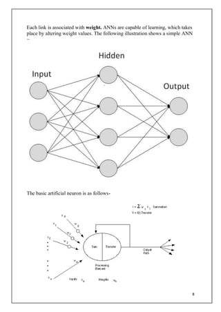 8
Each link is associated with weight. ANNs are capable of learning, which takes
place by altering weight values. The following illustration shows a simple ANN
−
The basic artificial neuron is as follows-
 