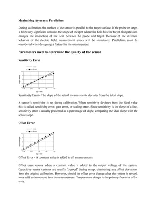 Maximizing Accuracy: Parallelism
During calibration, the surface of the sensor is parallel to the target surface. If the probe or target
is tilted any significant amount, the shape of the spot where the field hits the target elongates and
changes the interaction of the field between the probe and target. Because of the different
behavior of the electric field, measurement errors will be introduced. Parallelism must be
considered when designing a fixture for the measurement.
Parameters used to determine the quality of the sensor
Sensitivity Error
Sensitivity Error - The slope of the actual measurements deviates from the ideal slope.
A sensor’s sensitivity is set during calibration. When sensitivity deviates from the ideal value
this is called sensitivity error, gain error, or scaling error. Since sensitivity is the slope of a line,
sensitivity error is usually presented as a percentage of slope; comparing the ideal slope with the
actual slope.
Offset Error
Offset Error - A constant value is added to all measurements.
Offset error occurs when a constant value is added to the output voltage of the system.
Capacitive sensor systems are usually ―zeroed‖ during setup, eliminating any offset deviations
from the original calibration. However, should the offset error change after the system is zeroed,
error will be introduced into the measurement. Temperature change is the primary factor in offset
error.
 