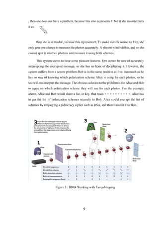 9
, then she does not have a problem, because this also represents 1, but if she misinterprets
it as
then she is in trouble, because this represents 0. To make matters worse for Eve, she
only gets one chance to measure the photon accurately. A photon is indivisible, and so she
cannot split it into two photons and measure it using both schemes.
This system seems to have some pleasant features. Eve cannot be sure of accurately
intercepting the encrypted message, so she has no hope of deciphering it. However, the
system suffers from a severe problem-Bob is in the same position as Eve, inasmuch as he
has no way of knowing which polarization scheme Alice is using for each photon, so he
too will misinterpret the message. The obvious solution to the problem is for Alice and Bob
to agree on which polarization scheme they will use for each photon. For the example
above, Alice and Bob would share a list, or key, that reads + × + × × × + + × ×. Alice has
to get the list of polarization schemes securely to Bob. Alice could encrypt the list of
schemes by employing a public key cipher such as RSA, and then transmit it to Bob.
Figure 3 : BB84 Working with Eavesdropping
 