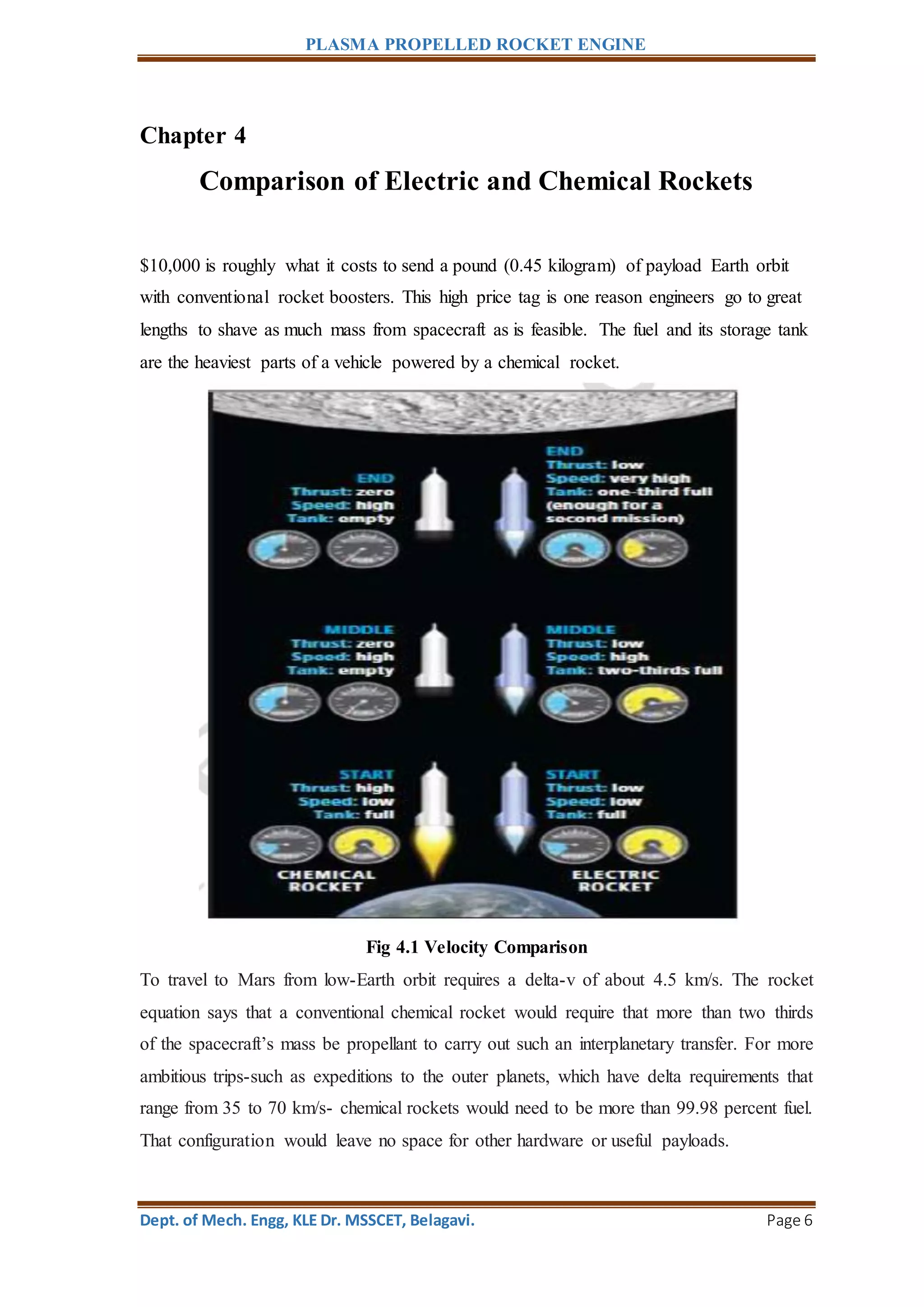 PLASMA PROPELLED ROCKET ENGINE
Dept. of Mech. Engg, KLE Dr. MSSCET, Belagavi. Page 6
Chapter 4
Comparison of Electric and Chemical Rockets
$10,000 is roughly what it costs to send a pound (0.45 kilogram) of payload Earth orbit
with conventional rocket boosters. This high price tag is one reason engineers go to great
lengths to shave as much mass from spacecraft as is feasible. The fuel and its storage tank
are the heaviest parts of a vehicle powered by a chemical rocket.
Fig 4.1 Velocity Comparison
To travel to Mars from low-Earth orbit requires a delta-v of about 4.5 km/s. The rocket
equation says that a conventional chemical rocket would require that more than two thirds
of the spacecraft’s mass be propellant to carry out such an interplanetary transfer. For more
ambitious trips-such as expeditions to the outer planets, which have delta requirements that
range from 35 to 70 km/s- chemical rockets would need to be more than 99.98 percent fuel.
That configuration would leave no space for other hardware or useful payloads.
 