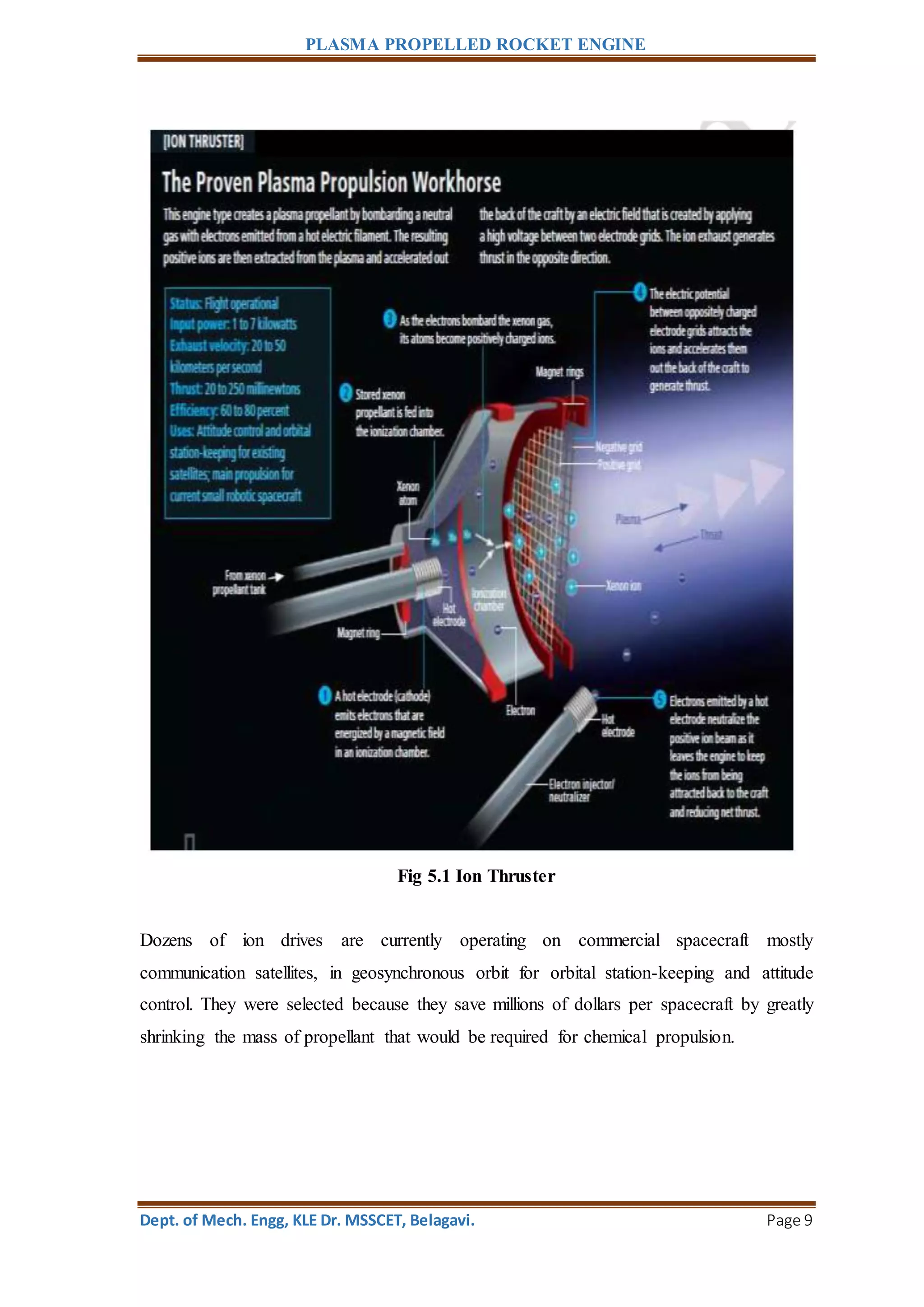 PLASMA PROPELLED ROCKET ENGINE
Dept. of Mech. Engg, KLE Dr. MSSCET, Belagavi. Page 9
Fig 5.1 Ion Thruster
Dozens of ion drives are currently operating on commercial spacecraft mostly
communication satellites, in geosynchronous orbit for orbital station-keeping and attitude
control. They were selected because they save millions of dollars per spacecraft by greatly
shrinking the mass of propellant that would be required for chemical propulsion.
 