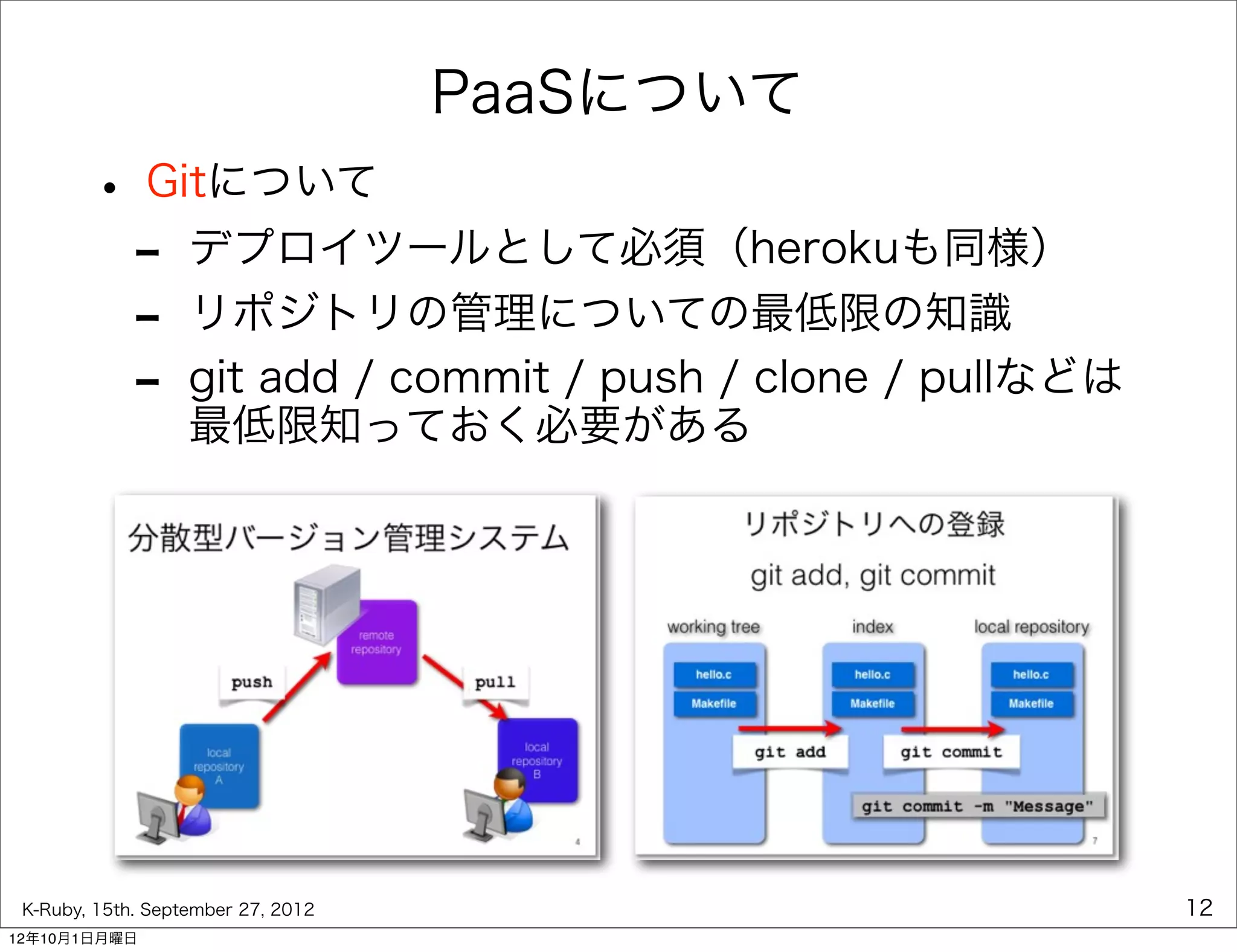 PaaSについて
        • Gitについて
         - デプロイツールとして必須（herokuも同様）
         - リポジトリの管理についての最低限の知識
         - git add / commit / push / clone / pullなどは
            最低限知っておく必要がある




 K-Ruby, 15th. September 27, 2012                      12
12年10月1日月曜日
 