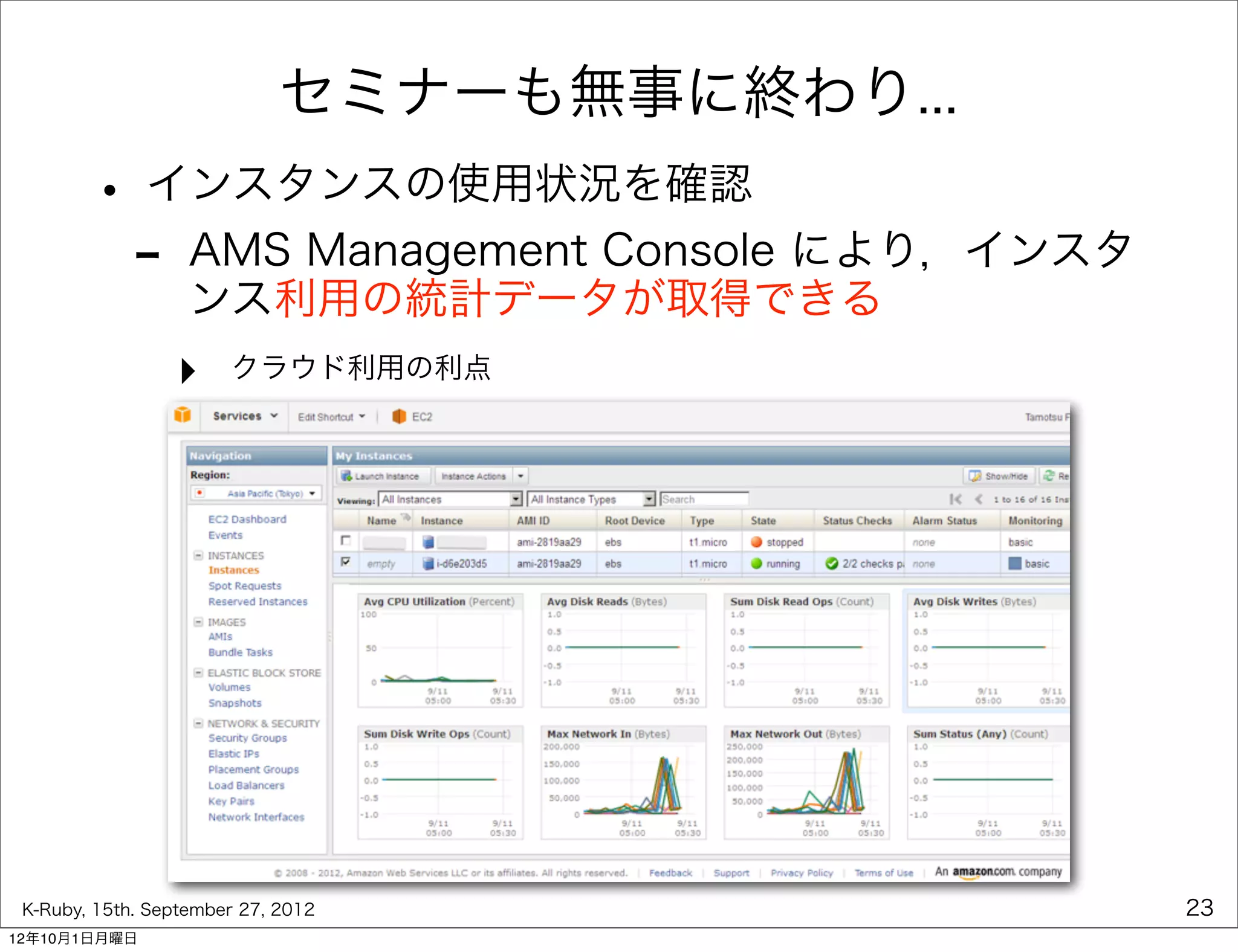 セミナーも無事に終わり...
        • インスタンスの使用状況を確認
         - AMS Management Console により，インスタ
           ンス利用の統計データが取得できる
                 ‣     クラウド利用の利点




 K-Ruby, 15th. September 27, 2012            23
12年10月1日月曜日
 